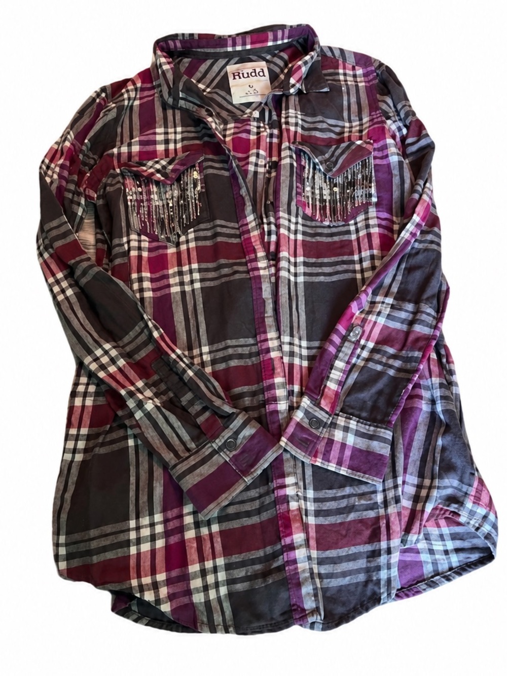 Mudd Women’s Large Plaid Button-Down Shirt Sequin Beaded Pockets Boho